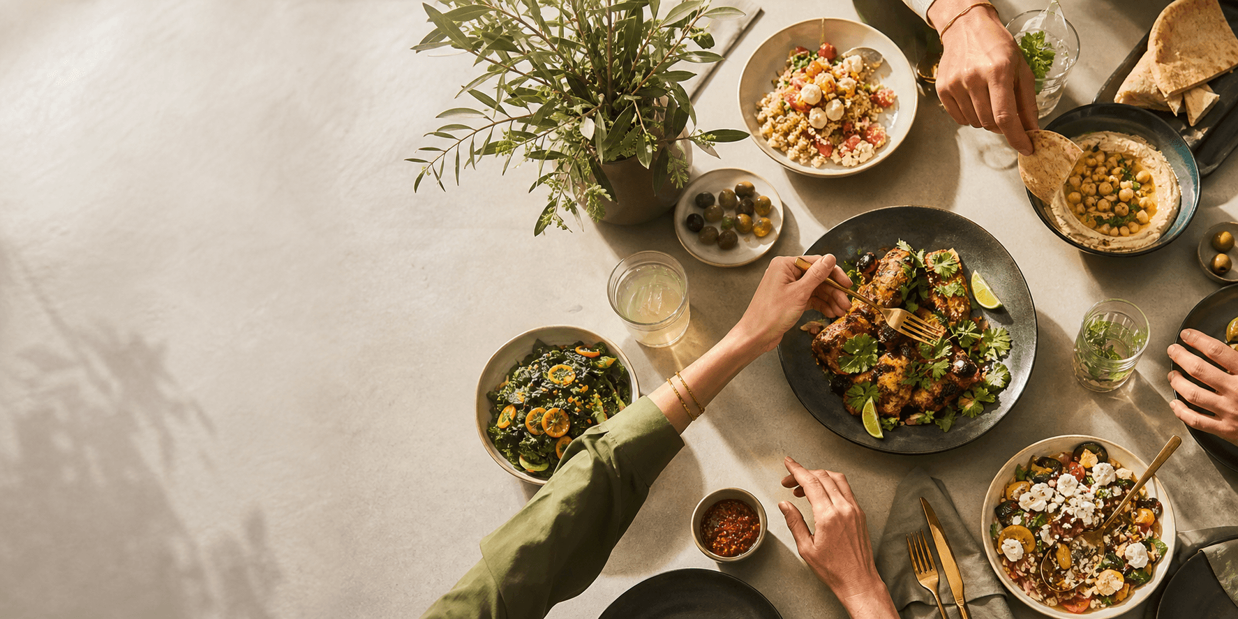 Shared table of food